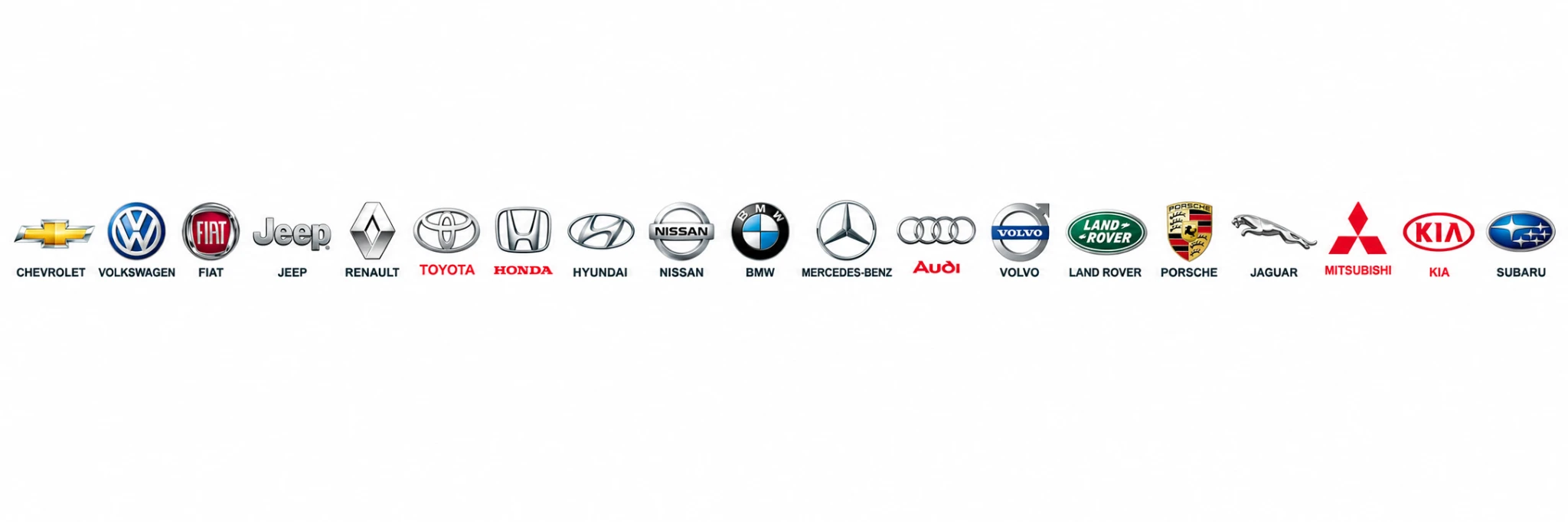 Logotipos de Chevrolet, Volkswagen, Fiat, Jeep, Renault, Toyota, Honda, Hyundai, Nissan, BMW, Mercedes-Benz, Audi, Volvo, Land Rover, Porsche, Jaguar, Mitsubishi, Kia e Subaru